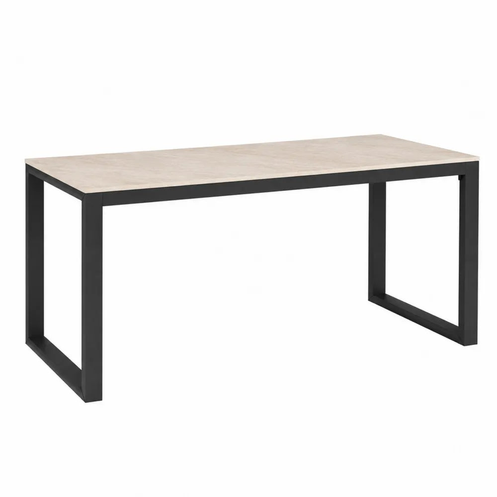 Tavolo da pranzo da esterno rettangolare con piano in gres porcellanato beige effetto pietra e struttura in acciaio nero 160 x 90 x 75 cm