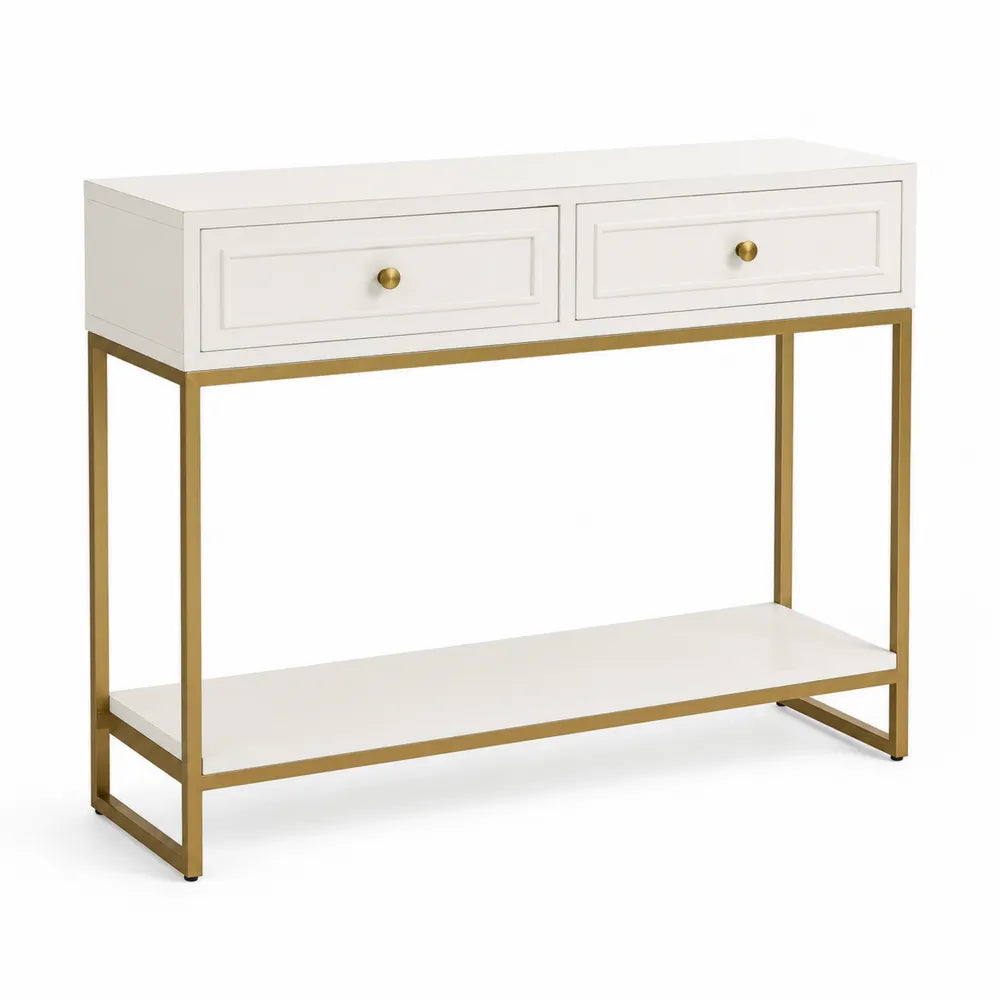 Tavolo consolle rettangolare in MDF bianco e acciaio dorato con 2 cassetti e ripiano inferiore 120 cm x 35 cm x 80 cm