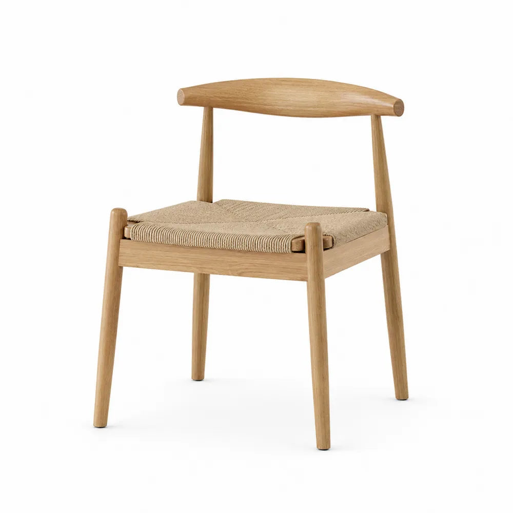 Sedia da pranzo in legno massello naturale con seduta in corda di carta intrecciata beige e schienale curvo 55 x 50 x 80 cm