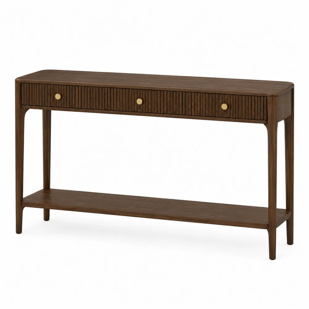 Tavolo consolle rettangolare in MDF e pannello truciolare effetto noce scuro con 3 cassetti e ripiano inferiore 140 cm x 35 cm x 80 cm