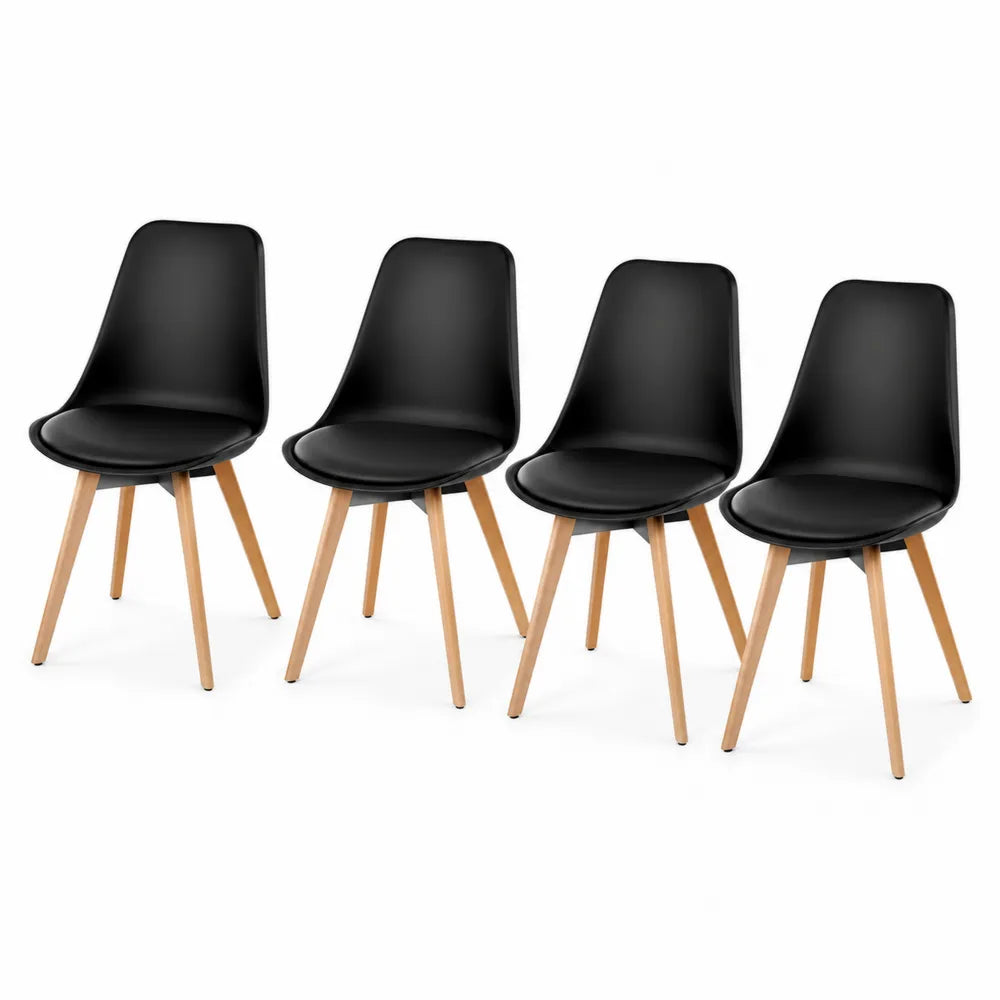 Set 4 sedie da pranzo imbottite in polipropilene con struttura in legno di faggio nero e legno naturale 48 x 52 x 82 cm