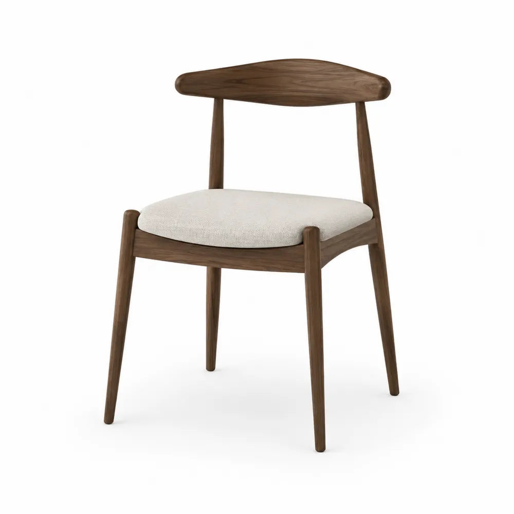 Sedia da pranzo in legno massello di gomma finitura noce scuro con seduta imbottita in tessuto beige e schienale curvo 52 x 54 x 78 cm