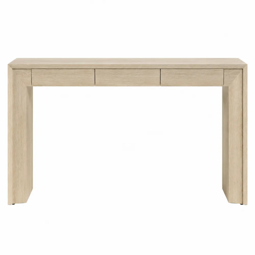 Tavolo consolle in legno effetto rovere chiaro con 3 cassetti frontali struttura aperta 120 cm x 35 cm x 80 cm