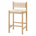 Sedia alta da pranzo in legno massello naturale con seduta e schienale in corda intrecciata beige e poggiapiedi 48 x 52 x 95 cm