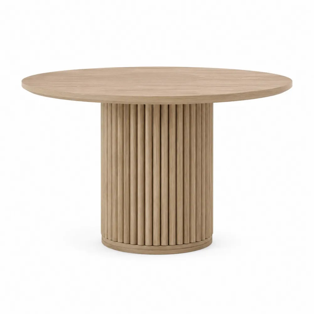 Tavolo da pranzo rotondo in MDF effetto legno naturale chiaro con base cilindrica scanalata diametro 120 cm altezza 75 cm