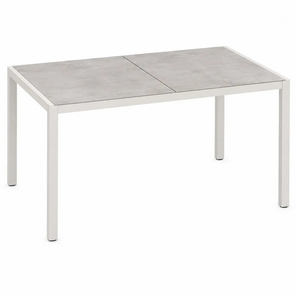 Tavolo da pranzo da esterno rettangolare con piano in gres porcellanato grigio effetto pietra e struttura in acciaio bianco 160 x 90 x 75 cm