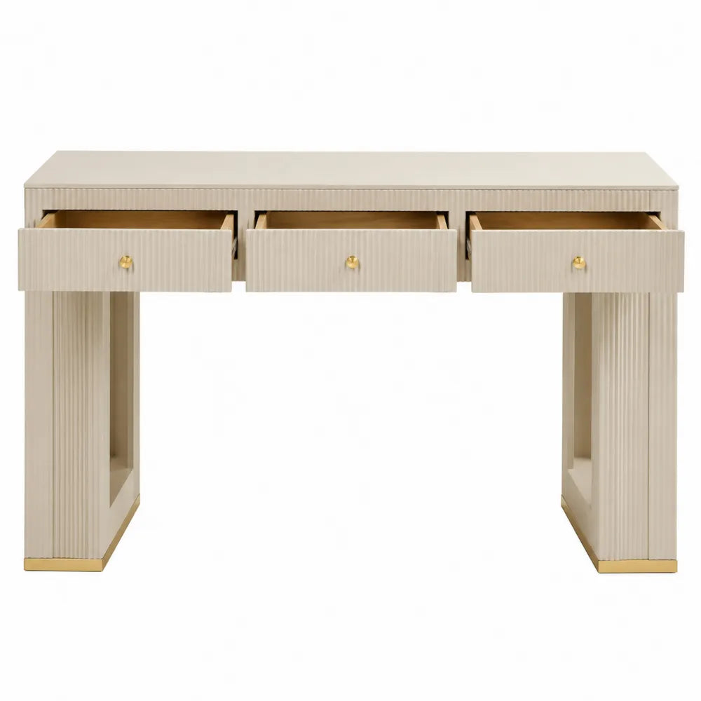 Tavolo consolle in MDF effetto beige con 3 cassetti e struttura aperta in metallo dorato 120 cm x 35 cm x 80 cm