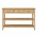 Tavolo consolle in MDF impiallacciato rovere con 3 cassetti e ripiano inferiore struttura con dettagli in metallo oro 120 cm x 35 cm x 80 cm