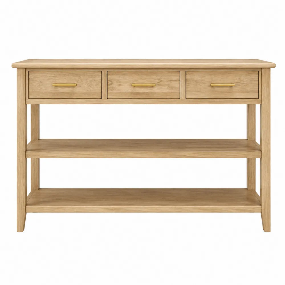 Tavolo consolle in MDF impiallacciato rovere con 3 cassetti e ripiano inferiore struttura con dettagli in metallo oro 120 cm x 35 cm x 80 cm