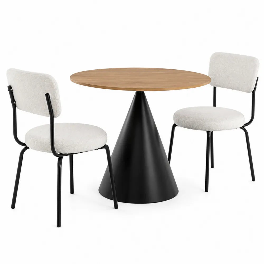 Set tavolo da pranzo rotondo 90 cm piano effetto legno base conica in acciaio nero con 2 sedie in metallo seduta imbottita tessuto bianco beige altezza 75 cm